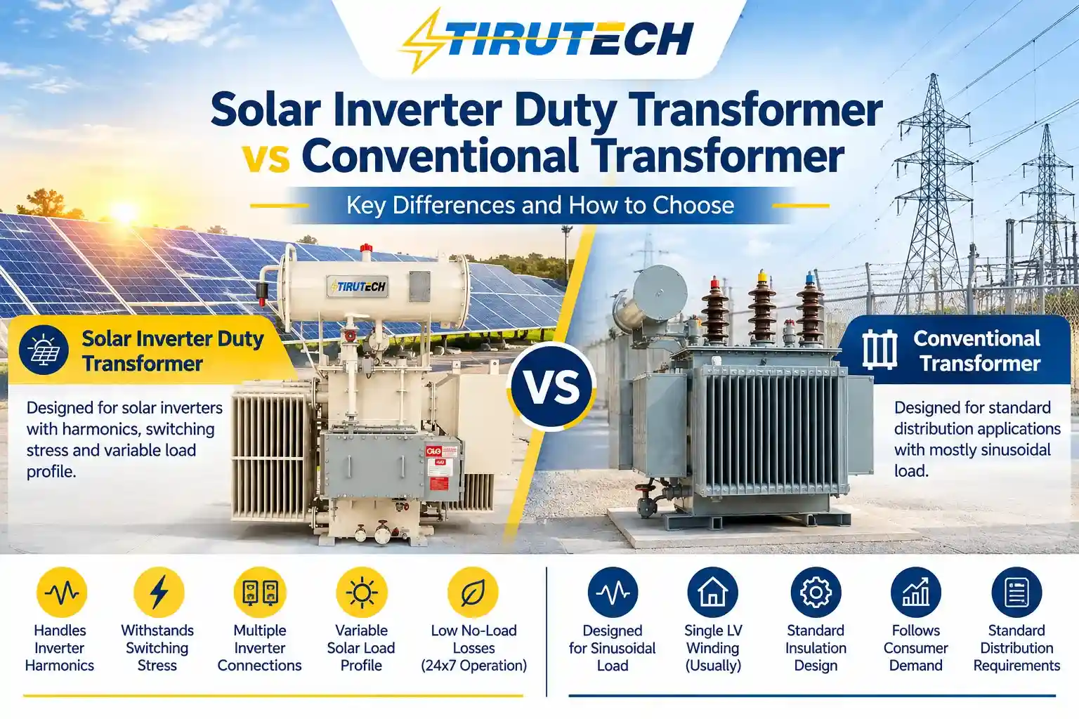 Solar inverter duty transformer vs conventional transformer comparison for solar power plants