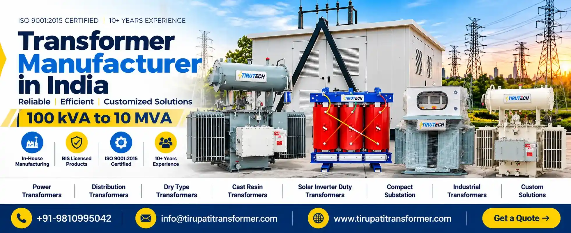 Transformer manufacturer in India offering 100 kVA to 10 MVA transformer solutions